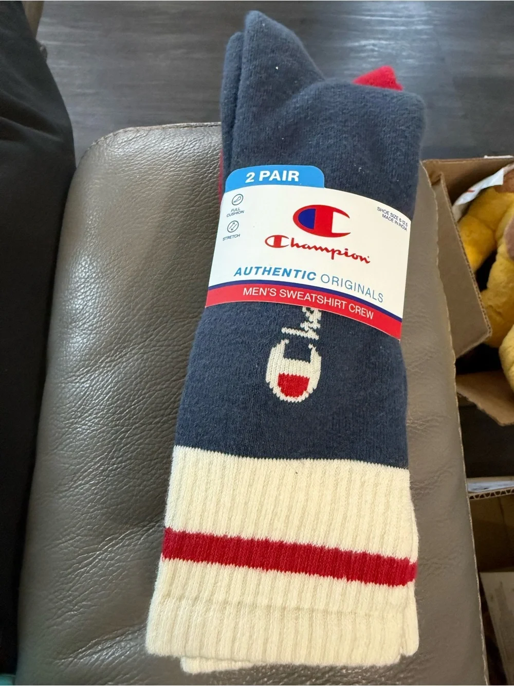 Champion Men's Sweatshirt Crew Socks - Navy/White with Red Accent(2pair)